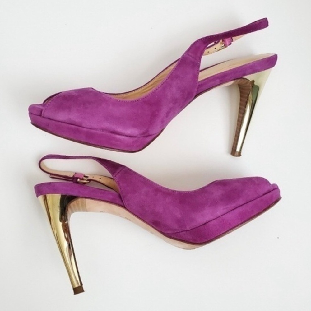 Cole Haan Chelsea Purple Lavender Suede Leather Open Toe Slingback Heels
